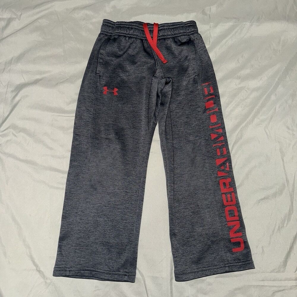 Under Armour Coldgear Boys XS Gray Fleece Sweatpants Red Loose Fit Drawstring